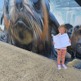 Child holding a australian sea life book next to a seal picture phillip island