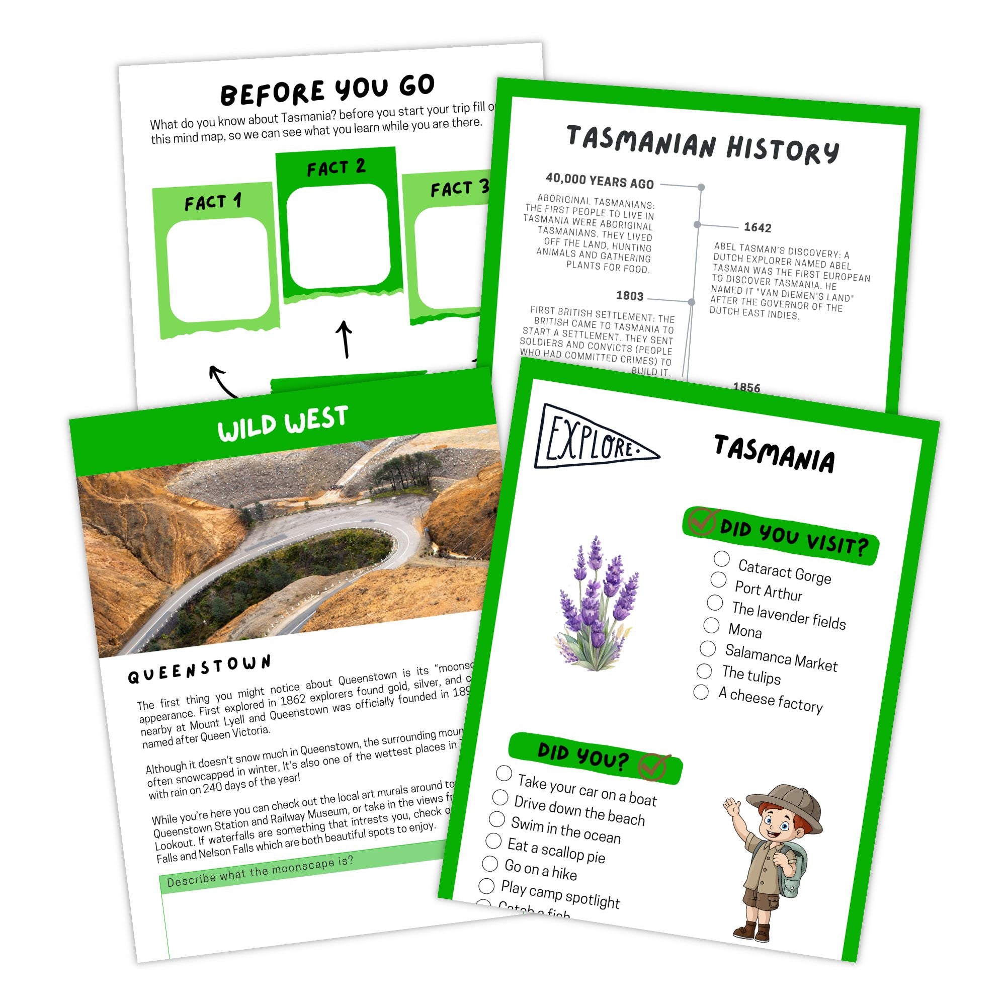 Tasmania kids travel journal pages
