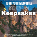Mountainous landscape with text overlay about turning travel memories into keepsakes.