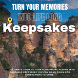 Mountainous landscape with text overlay about turning travel memories into keepsakes.
