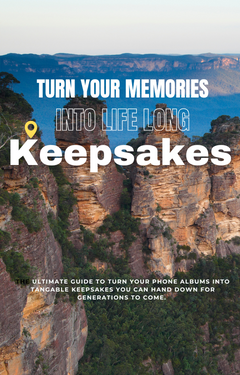 Mountainous landscape with text overlay about turning travel memories into keepsakes.