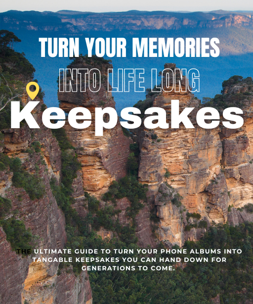 Mountainous landscape with text overlay about turning travel memories into keepsakes.