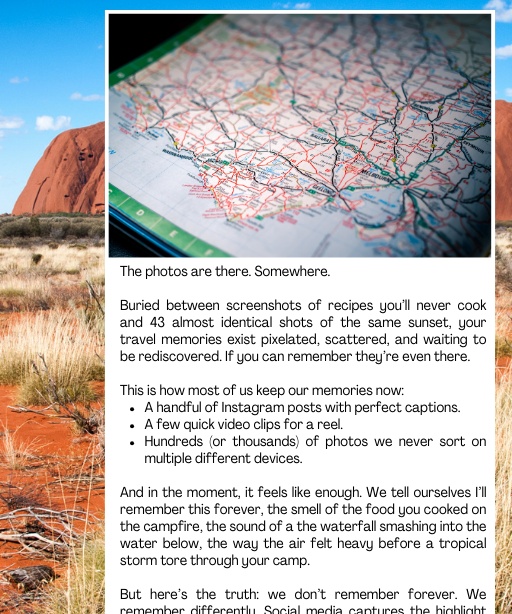 Map on a screen with Uluru in the background a page from creating travel memory keepsakes