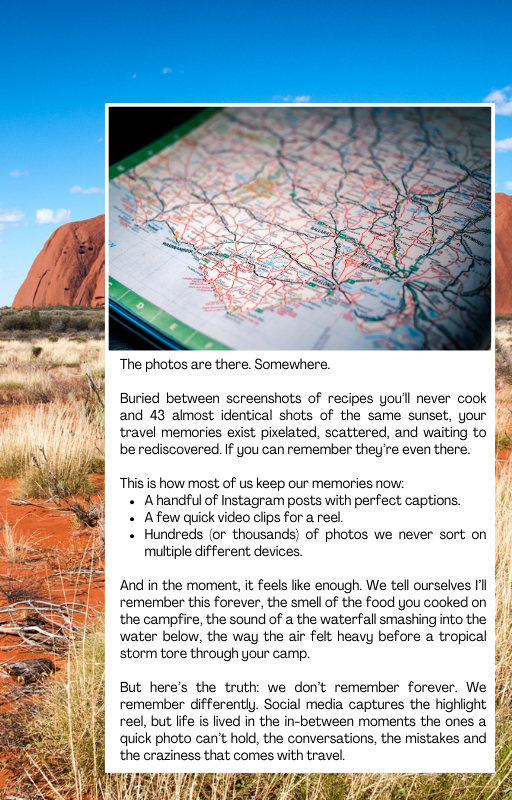 Map on a screen with Uluru in the background a page from creating travel memory keepsakes