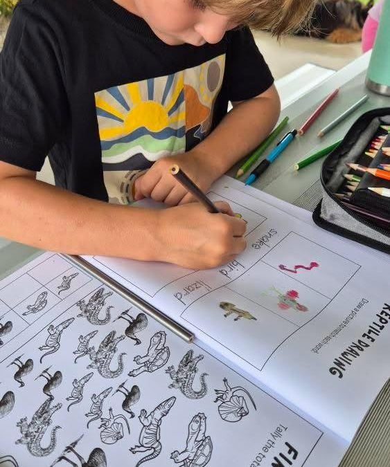 Child doing activities in australian reptiles and birds book