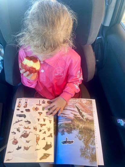 Child in car seat with stickers in an australian travel journal titled the kimberley