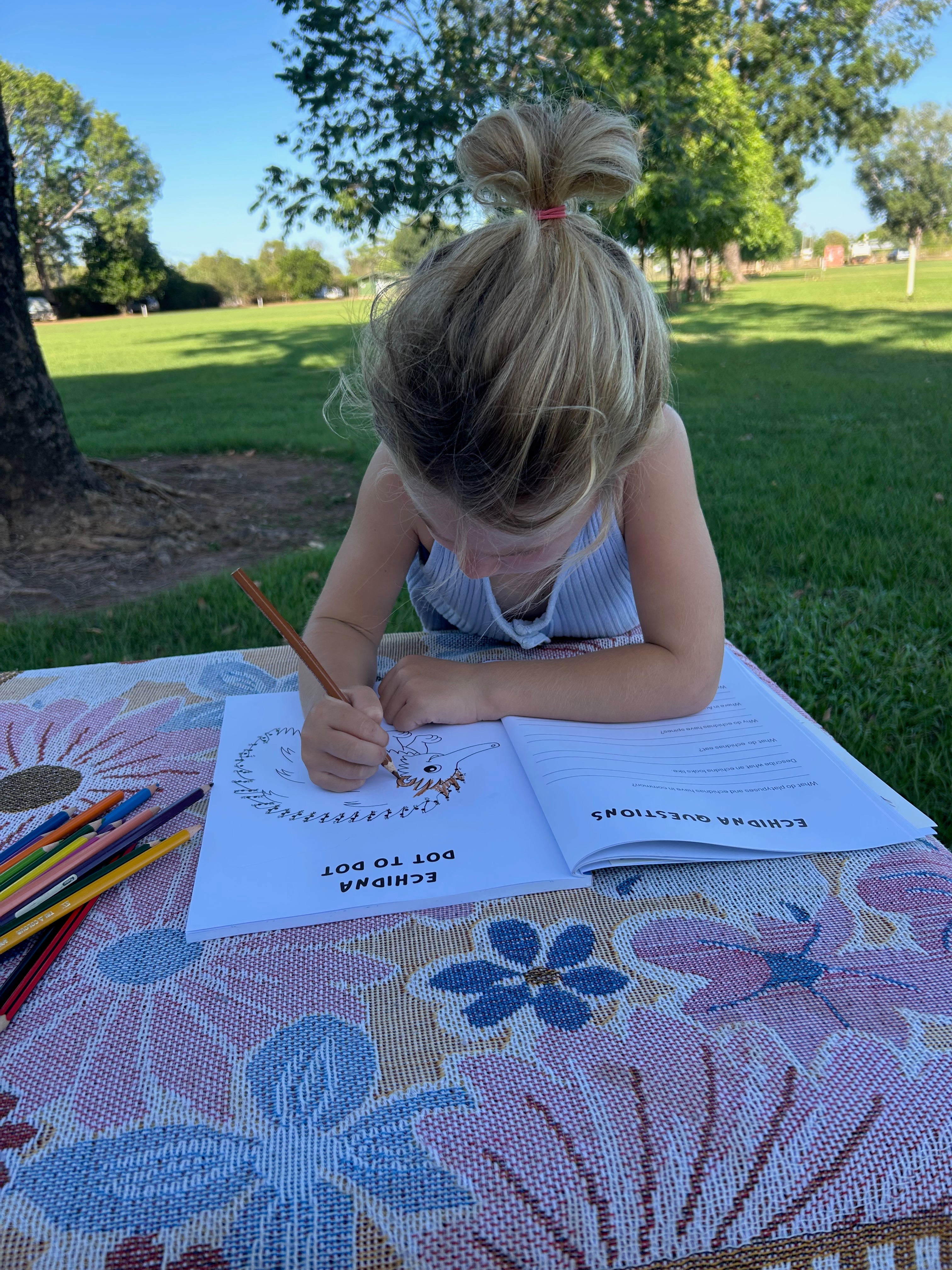 Child coloring outdoors in an australian native animals activity book