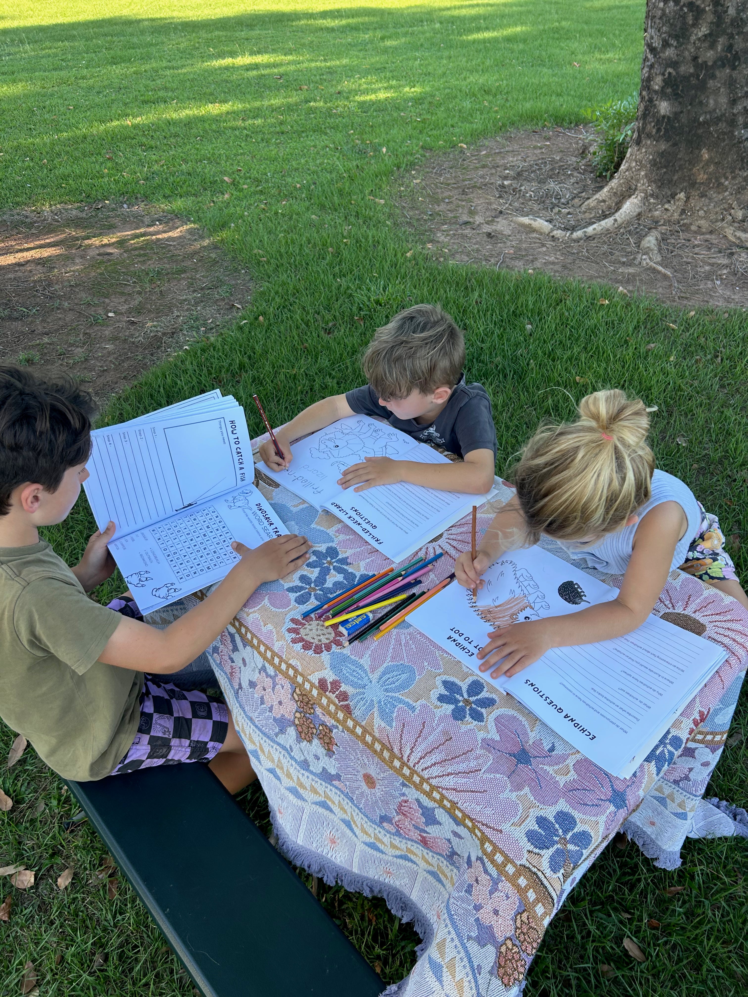 Three children sitting at a table outdoors, engaged in an home schooling australian activity book