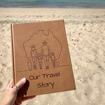 Sand coloured australian travel journal with 'Our Travel Story' text and family illustration held on a beach.