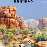Cover of a children's activity book titled 'Australian Native Animals' featuring illustrations of kangaroos, koalas, and other Australian animals in a colorful, desert-like landscape.