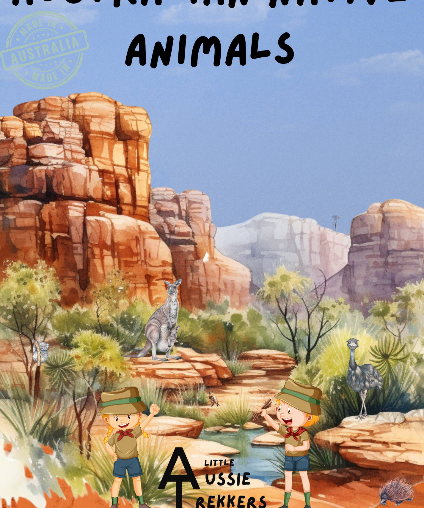 Cover of a children's activity book titled 'Australian Native Animals' featuring illustrations of kangaroos, koalas, and other Australian animals in a colorful, desert-like landscape.