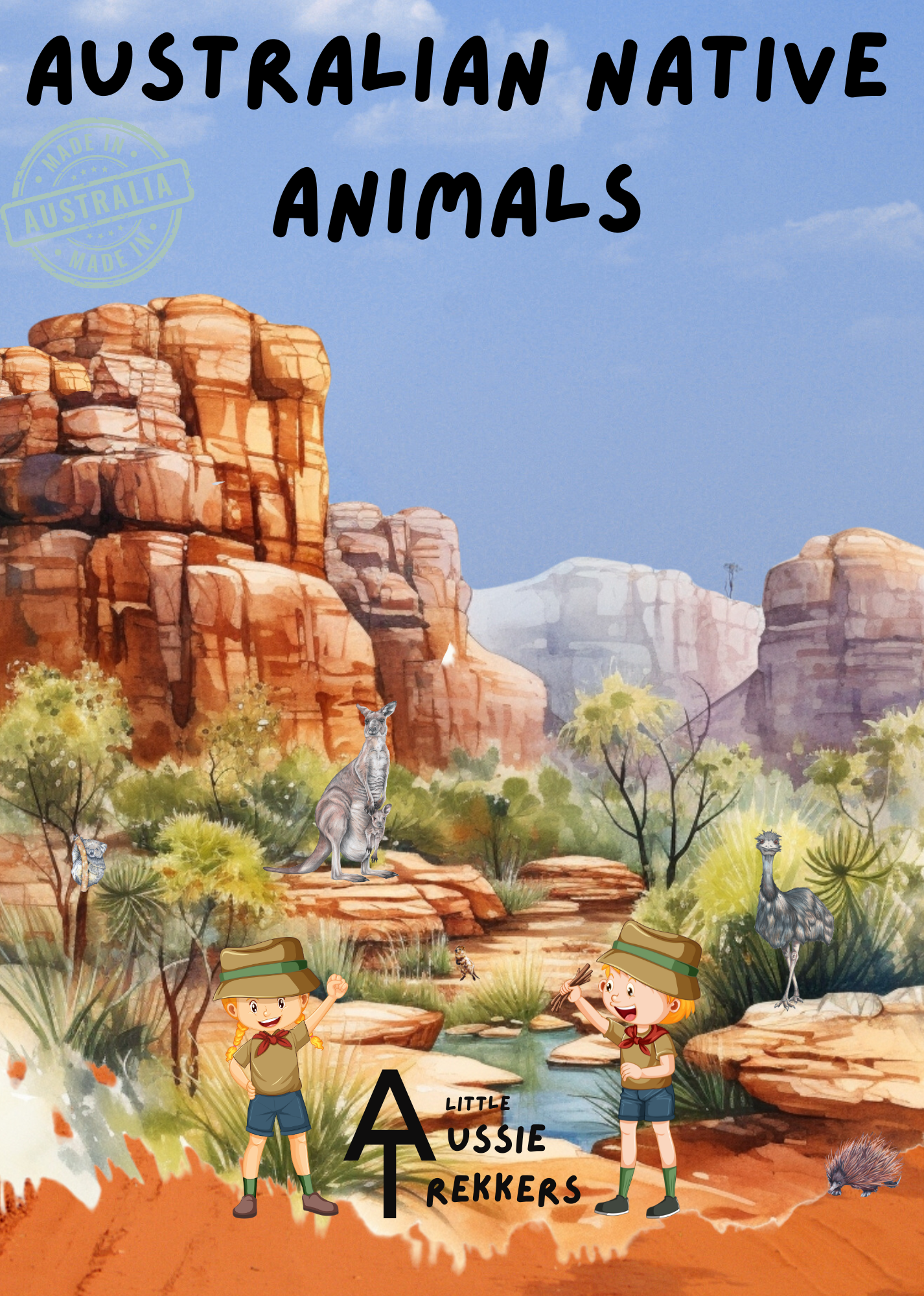 Cover of a children's activity book titled 'Australian Native Animals' featuring illustrations of kangaroos, koalas, and other Australian animals in a colorful, desert-like landscape.