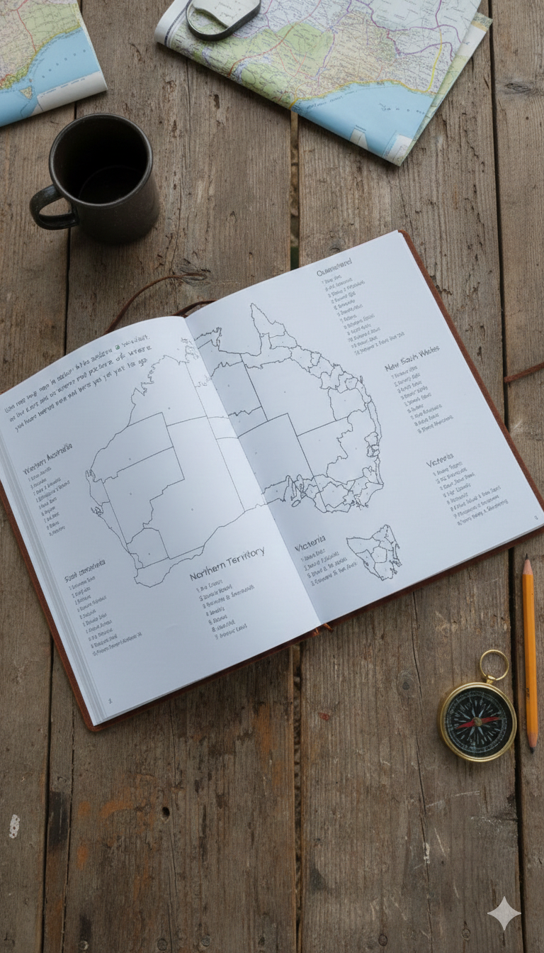 Open book with a map of the Australia broken down into regions, States on a wooden surface with a mug, pencil, and compass.