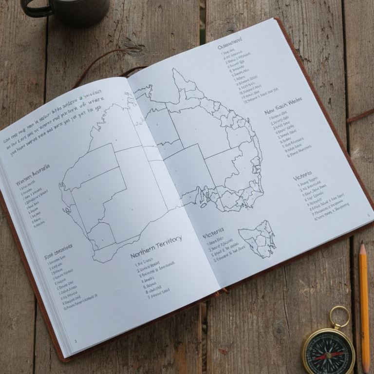 Open book with a map of the Australia broken down into regions, States on a wooden surface with a mug, pencil, and compass.