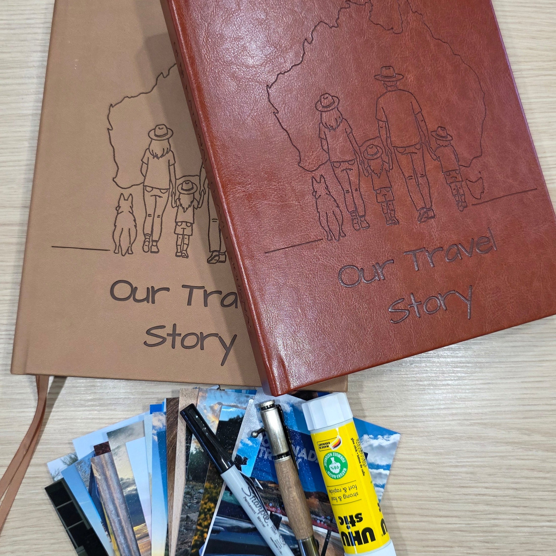 Two australian travel journals titled 'Our Travel Story' with travel photos, and journalling contents