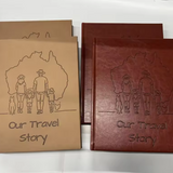Two leather-bound Australian Travel Journals titled 'Our Travel Story' with a family and dog illustration debossed into journal