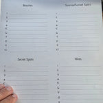 Australian travel journal page titled 'Our Top 10' with columns for beaches, sunrise/sunset spots, secret spots, and hikes.