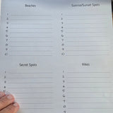 Australian travel journal page titled 'Our Top 10' with columns for beaches, sunrise/sunset spots, secret spots, and hikes.
